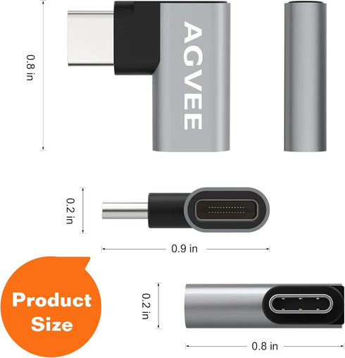AGVEE 4 Pack USB-C Male to USB-C Female Adapter, 90 Degree Right Angled Type-C 3.2 Gen 2 Converter, Gray