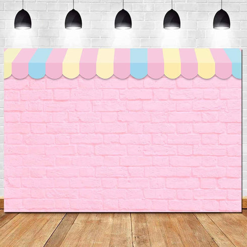 HQM 7X5ft Pink Brick Wall Ice Cream Parlor Photography Background Fabric Princess Girl Kids Baby Girl Birthday Party