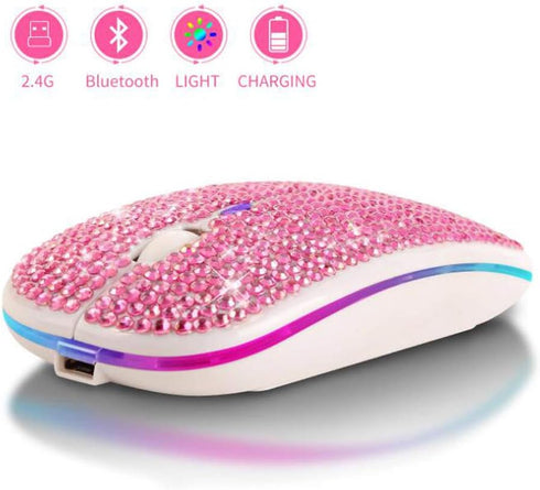 Bling Dazzling Bluetooth Mouse, 2.4GHz Rechargeable Wireless Slim Mouse with USB Receiver, Great Gift for Her