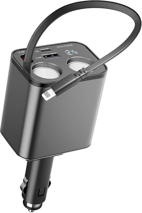 Paiholy 5 in 1 Retractable Car Charger Cigarette Lighter Splitter, 159W Fast Charger with Dual USB Port