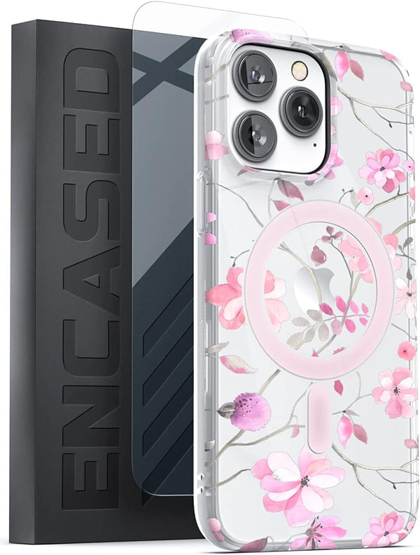 ENCASED Magnetic Case for iPhone 14 PRO with Screen Protector - Compatible with MagSafe Accessories (Pink Flowers)