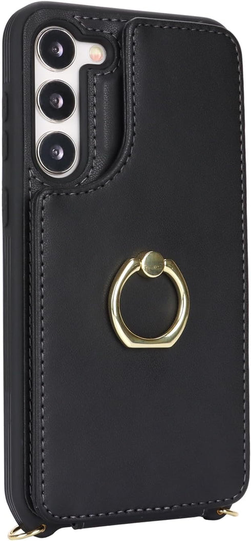 for Samsung Galaxy S23 Case with Card Holder and Strap for Women, Black Crossbody Lanyard Phone Wallet Case
