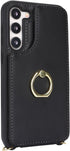 for Samsung Galaxy S23 Case with Card Holder and Strap for Women, Black Crossbody Lanyard Phone Wallet Case