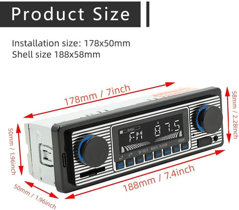 Classic Single Din Car Radio with Bluetooth, FM Radio, Hands-Free Calling, USB, SD, AUX Port, Audio Recording, Remote