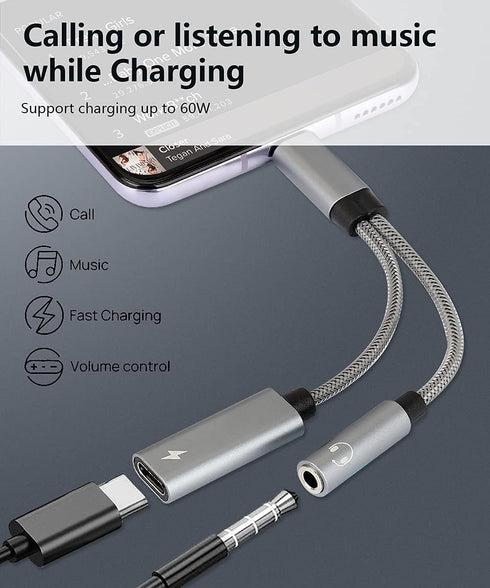 Samsung Galaxy S24 Headphone Adapter, USB C to AUX Mic Jack with PD 60W Fast Charging for Stereo Earphones