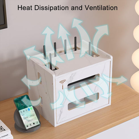 W WWEENUO Wooden Router Shelf, Desktop WiFi Router Storage Box Modem Rack Cover Power Strip and Cable Management Hider