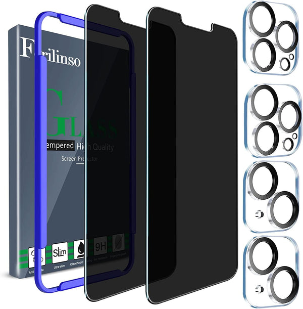 Ferilinso Privacy Screen Protector for iPhone 14 Plus & 13 Pro Max - 2 Pack, 9H Anti-Spy Tempered Glass & Camera Lens