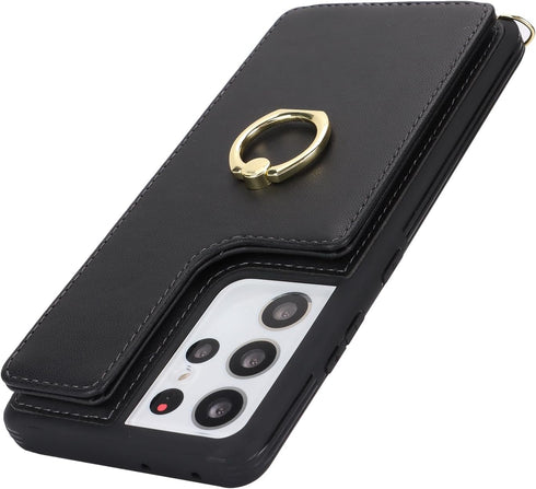 Samsung Galaxy S21 Ultra Case with Card Holder and Strap for Women, Crossbody Lanyard, Ring Stand, Snap Clasp, Phone