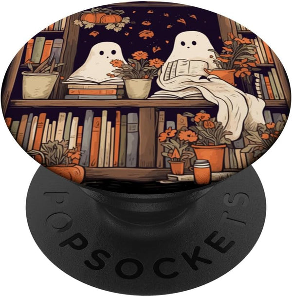 Spooky Ghost Reading Books in a Library PopSockets Standard PopGrip