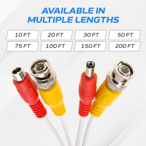 20FT White BNC Video Power Cable Extension Wire for CCTV, Security Camera, DVR, Surveillance System, Plug & Play