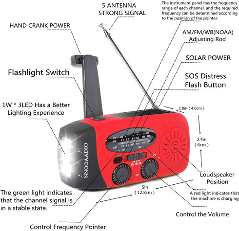 2000mAh SOS Alarm Emergency AM FM Weather Radio, Portable Hand Crank Solar Battery Operated