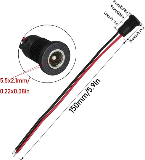 5Pcs 10A DC-099 Power Jack Cord Socket Threaded Female Mount Connector Adapter with Pre-soldered Wires and Waterproof