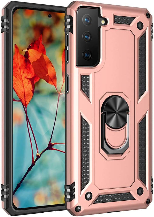 Samsung Galaxy S21 Plus Case 5G Military Grade Heavy Duty Armor Shockproof with Metal Rotating Ring Kickstand (Rose