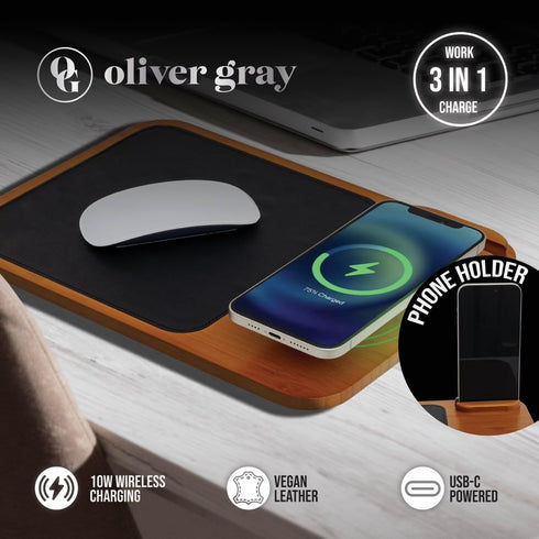 Oliver Gray 3-in-1 Wireless Charger & Mouse Pad, Charging Mat + Phone Holder, Wooden Finish, Vegan Leather
