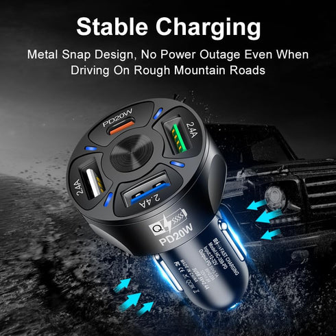 4 Port USB Fast Charging Car Charger, 3 * 2.4 A USB/1 PD20W LED Light, Compatible with iPhone 14 13 12 11 Pro Max,
