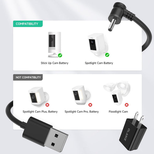 OLAIKE 2 Pack 5m/16ft Charge Cable for Ring Stick Up Cam Battery, Weatherproof Power Adapter (No Camera)