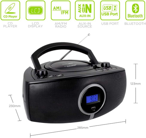 HANNLOMAX HX-316CD CD/MP3 Boombox with Bluetooth, AM/FM Radio, USB Port, LCD Display, Aux-in, AC/DC Power Source (Black)