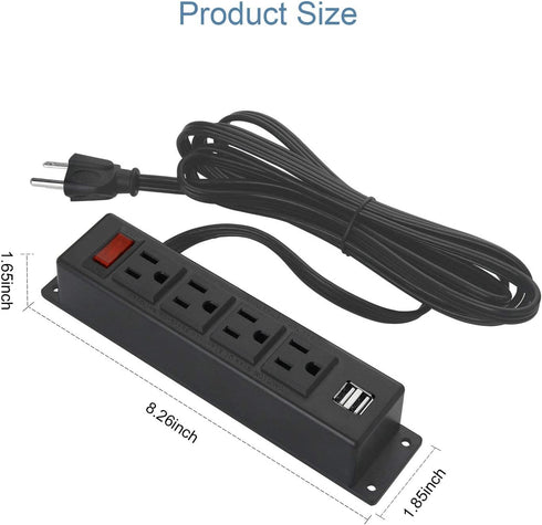 Wall Mount Power Strip with 4 Outlets, 2 USB Ports, 6FT Power Cord for Workbench, Nightstand, Dresser