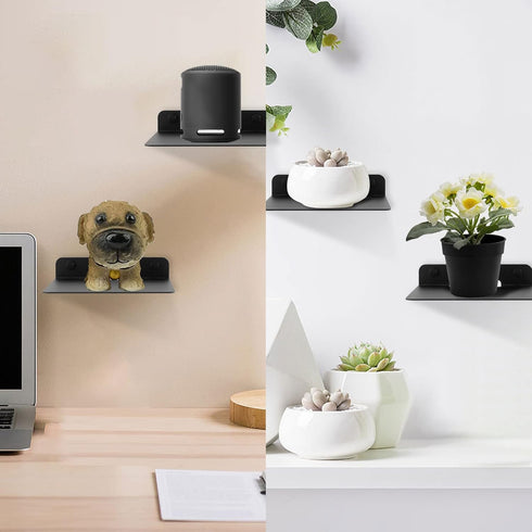 WISDING Small Floating Shelves, 4.25'' Wall Metal Speaker Mount Shelves for Bluetooth Speaker, Webcam, Cell Phones, Mesh Router, Toy Display Shelf Speakers Shelf, 2 Pack, Black, JSZWJ001