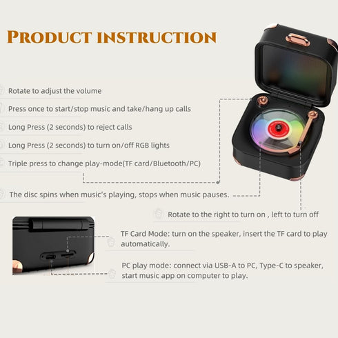 MiniLuxis Retro Bluetooth Speaker, Portable Mini Wireless Speaker with Clear Sound & Long Battery Life, Small Cute