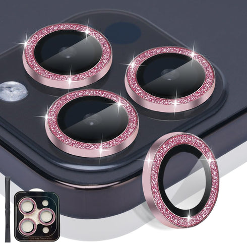 Camera Lens Protector for iPhone 14 Pro & Pro Max, Tempered Glass with Aluminum Alloy Ring Cover (Glitter Pink)
