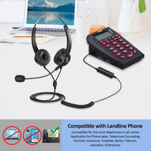 AGPTEK Hands-Free Call Center Noise Cancelling Corded Binaural Headset with 4-Pin RJ9 Crystal Head and Mic for Desk