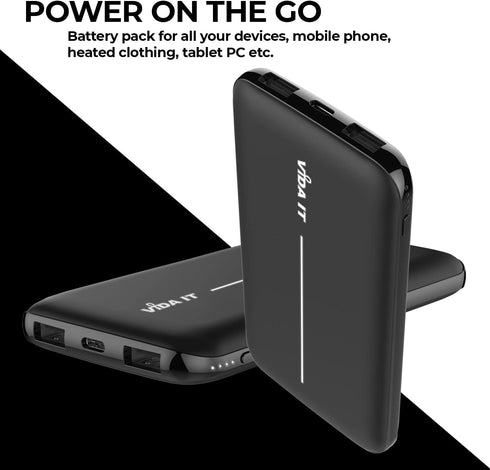 Vida IT Super Slim Power Bank Battery Pack for Heated Vest, Jacket, Coat, Gloves, 5V 2A 10000mAh DC Thin Portable