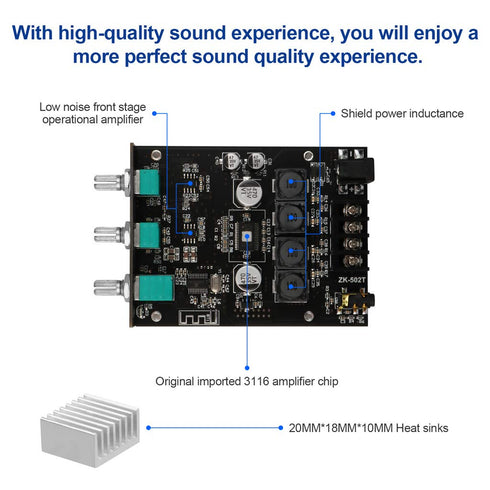 ZK-502T Bluetooth 5.0 Power Amp Audio Amplifiers Board, 2.0 Channel 50W+50W Mini Stereo Amplifier Module with Treble