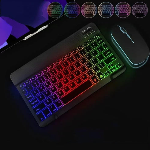 Ultra-Slim Bluetooth Keyboard and Mouse Portable Mini Wireless Keyboard Rechargeable 7-Color Backlit for Apple iPad iPhone Samsung Tablet iPhone Smartphone iOS Android Windows,Black