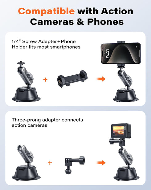 Suction Cup Mount for Gopro iPhone, Anti-Shake Metal Arm Car Camera Mount with 1/4 Thread & Phone Holder for VLOG/Video
