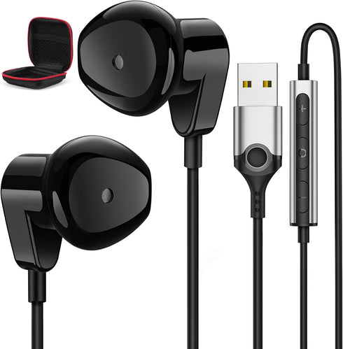 USB Headphones with Microphone for Laptop, 2.3M USB-A Earbuds for PS5, HiFi Stereo Wired Half in-Ear Headset (Black)