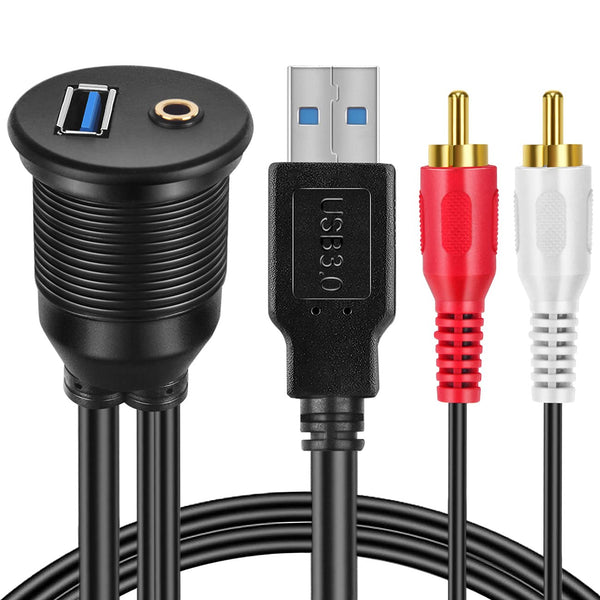 Flush Mount Cable Kit 3 ft USB 3.0 Male to Female and 2 RCA Male to 3.5mm Female AUX Extension