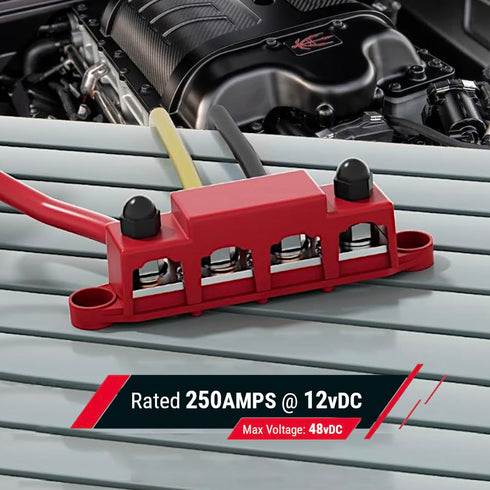 MGI SpeedWare 4-Post Power Distribution Block Busbar, 250 AMP Rating for Automotive, Marine, and Solar Wiring