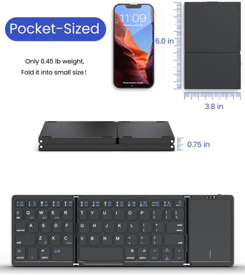 Foldable Bluetooth Keyboard with Touchpad, Portable Wireless Keyboard for iOS, Android, Windows, Mac, Sync Up to 3