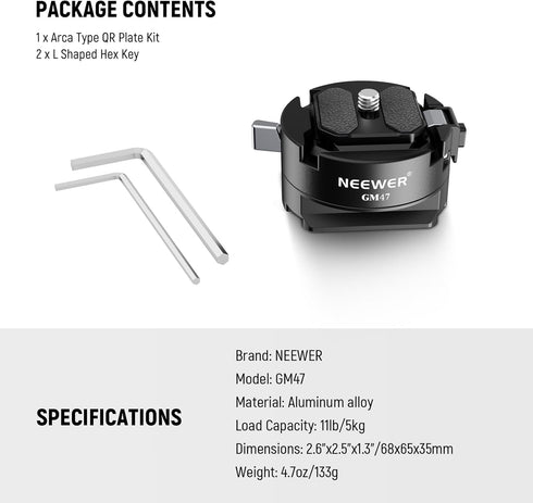Neewer GM47 Quick Release Plate Kit, Auto Lock Square QR Camera Tripod Mount Plate Compatible with Arca Swiss