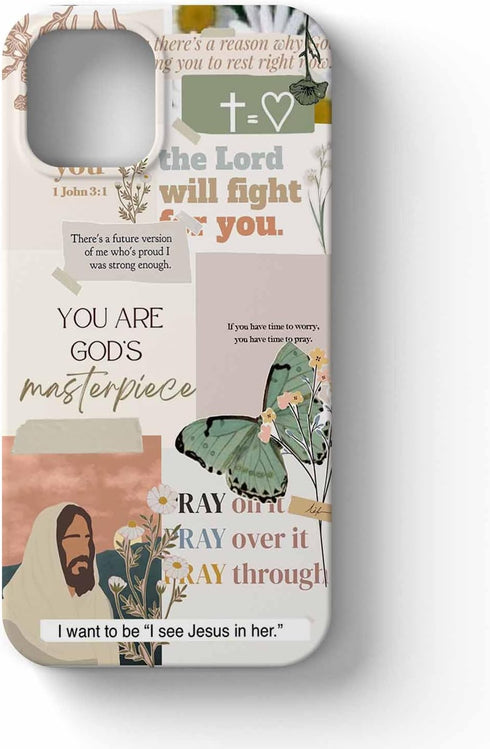 Jesus Flowers iPhone 13 Case, Christian Bible Verse Butterfly Collage, Smooth Tough PC Full Cover for Men Women