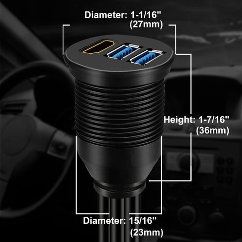 BATIGE 3ft Dual USB 3.0 & HDMI Flush Mount Extension Cable for Car, Truck, Boat, Motorcycle - USB 3.0 Dash Mount