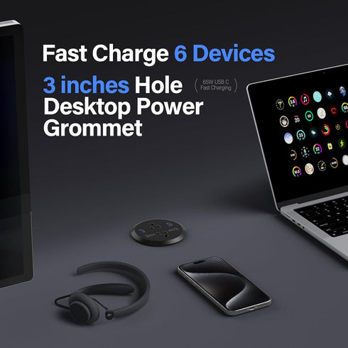 Jgstkcity Grommet, 65W 3inch Hole,2 Outlets,4 Countertop 65W Desktop Power USB C Fast Charging Port, Flush Mount