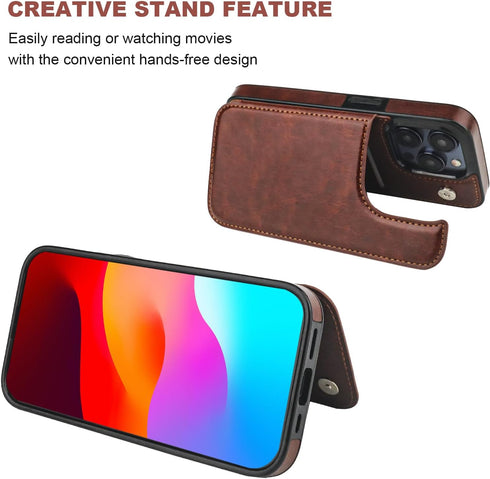iPhone 15 Pro Wallet Case with Card Holder, PU Leather Kickstand, Double Magnetic Clasp, Durable Shockproof Cover, 6.1