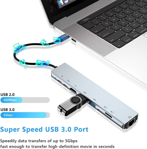 HRIOEKAX 8 1 4K RJ45 100W USB3.0 USB C Hub Multiport Adapter with Ethernet, Laptop Docking Station in Hub with HDMI PD