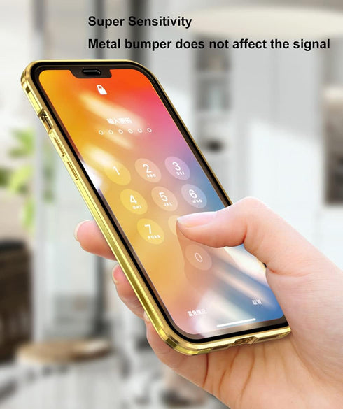 Case for iPhone 13 Pro Max with Screen and Camera Protector, Double Tempered Glass and Metal Frame Magnetic Cover - Blue
