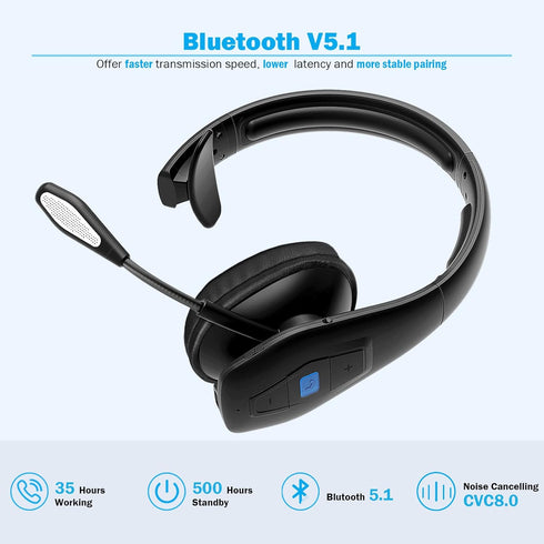 Conambo Noise Cancelling Bluetooth Headset V5.1, 35Hrs HD Talktime, Dual Mic Hands-Free for Cell Phones