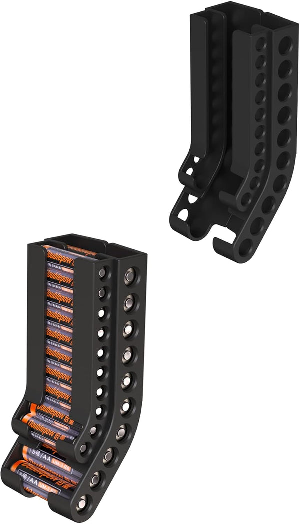 Battery Holder Storage Organizer - Wall Mount Caddy for 10 AAA & 10 AA Batteries, Black Container (Batteries Not