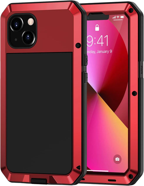 Lanhiem Metal Case for iPhone 13, Heavy Duty Shockproof Rugged Cover with Built-in Glass Screen Protector, Red
