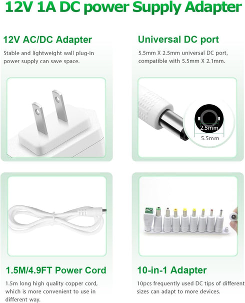 Arkare 12V 1A 12V 1A 0.8A 0.5A 100V-240V 12Volt 1000mA Power Supply Adapter AC Adapter Charger Replacement Power Cord