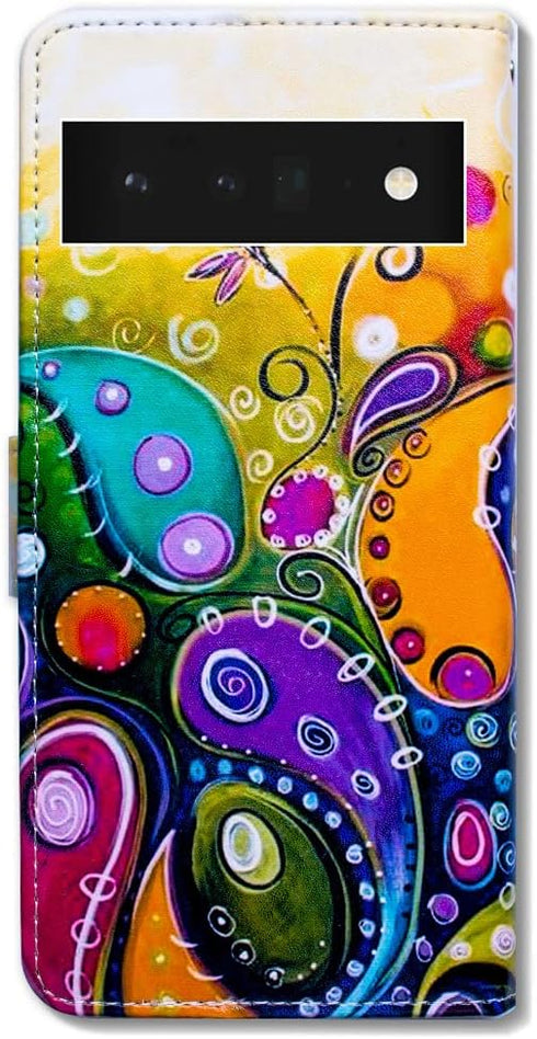 Case for Pixel 6 Pro, Colorful Dragonfly Leather Flip Wallet Cover with Card Slot and Kickstand