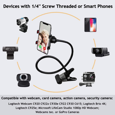 shenruifa 1/4 Inch 360 Adjustable Gooseneck Webcam Stand Phone Holder with Universal Screws, Flexible Arm Desk Bed