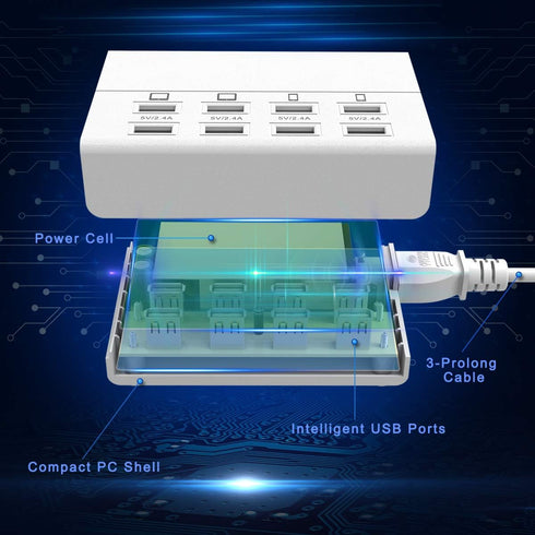 HITRENDS USB Charger, 8 Ports Charging Station 60W/12A Multi Port Hub for Multiple Devices (5ft Cord, White)
