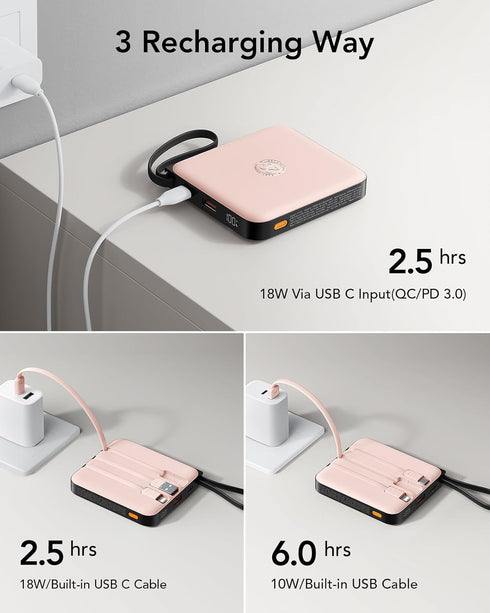 VRURC 22.5W 10000mAh Pack 17 16 S26 S25 Pink(1 Pack) Portable Charger for iPhone Built-in Cables, USB C Fast Charging