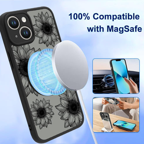 OOK Phone Case for iPhone 13, Black Frosted Shockproof Cover with Cute Sunflower Floral Blooms Design, Compatible with